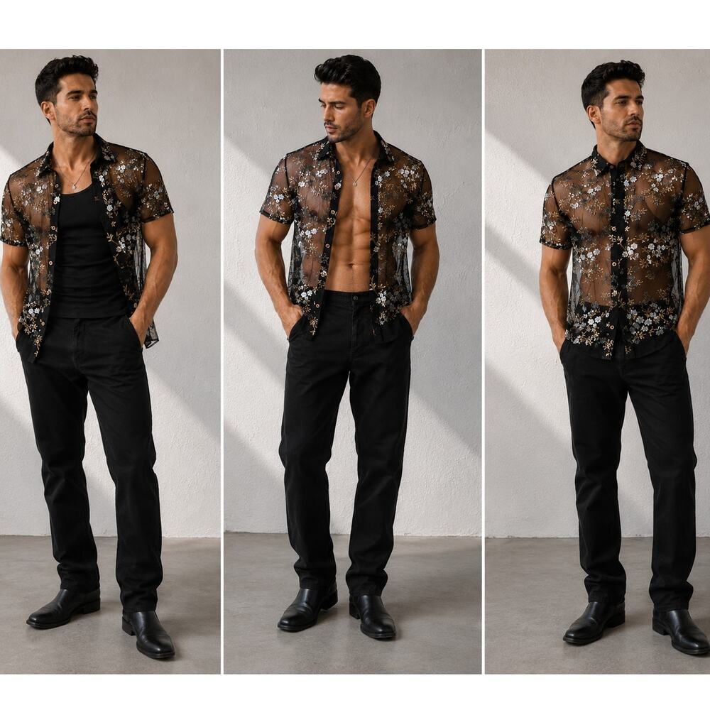 Incerun Sheer Embroidered Men's Button Up Shirt, Black Blue, Size XL